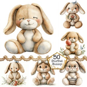 Pacote de clipart de coelho de pelúcia aquarela JPEG Toy Art Scrapbook Papel aquarela Arte Download instantâneo Papel Artesanato Diário de sucata Scrapbooking