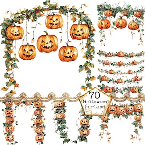 May include: 70 Halloween Garland digital clipart set featuring orange pumpkins with carved faces hanging from green vines. The pumpkins are arranged in various patterns and designs, perfect for creating festive Halloween decorations.