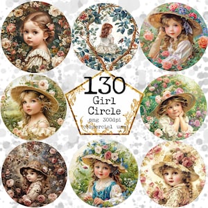 Acquerello Vintage Little Girl circolare sublimazione Design Clipart floreale ragazza PNG Download immediato artigianato di carta Junk Journal Scrapbooking