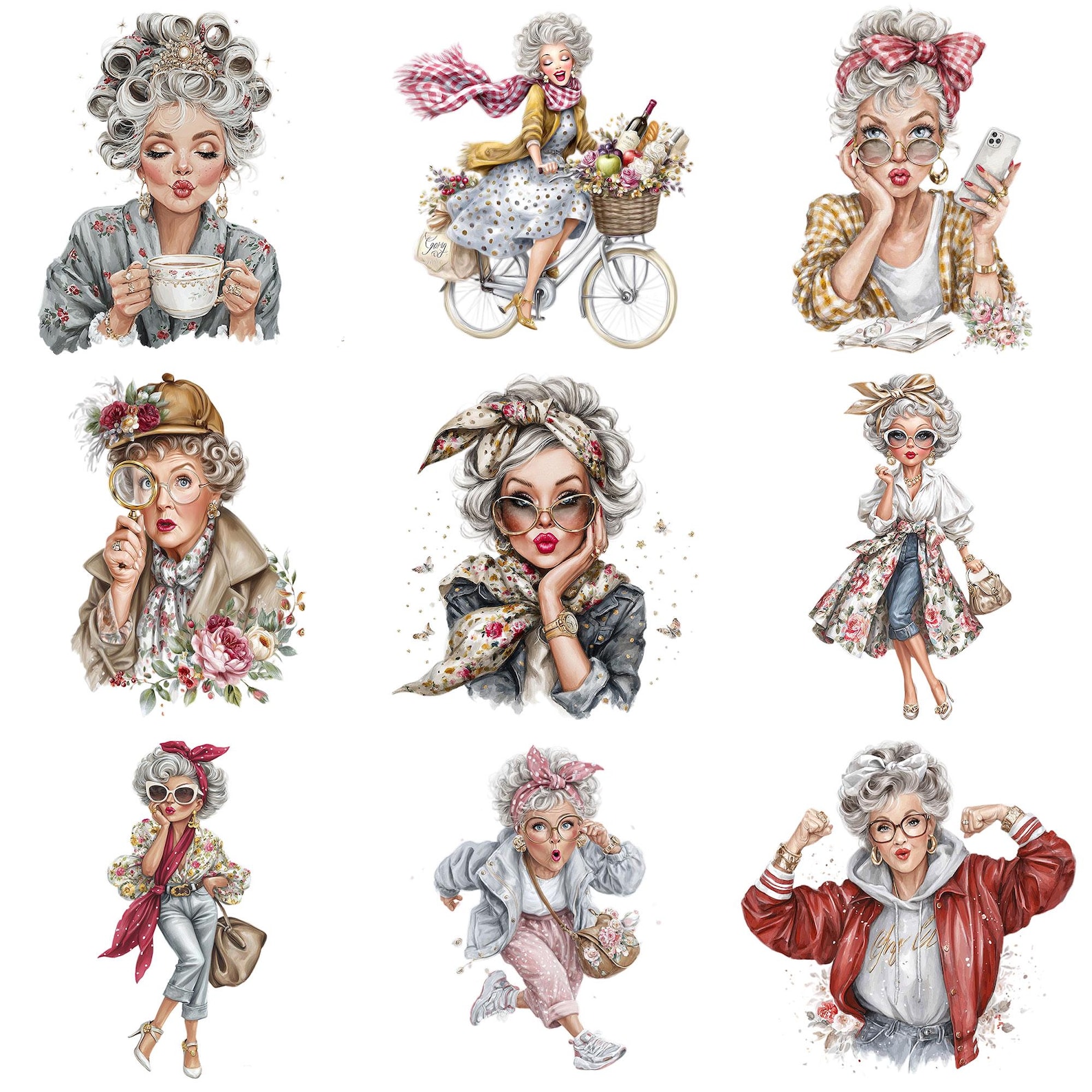30 Funny Elderly Lady - Watercolor Clipart Bundle PNG + JPEG Format ...