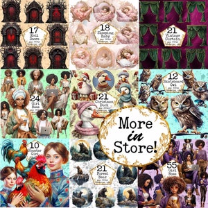May include: A digital collage sheet featuring various illustrations, including a sleeping baby, a rooster girl, a forest bear, a skateboard owl, a Christmas duck, a girl boss, and evil doors. The collage sheet is perfect for digital scrapbooking, card making, and other creative projects.