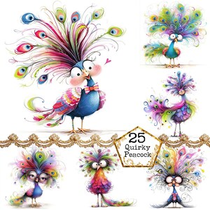 Pacote de clipart de pavão peculiar em aquarela JPEG, clipart de pássaro caprichoso em aquarela, download instantâneo, artesanato em papel, diário de sucata, scrapbooking
