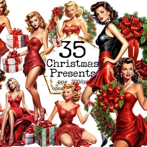 Weihnachten Mädchen Geschenke Kränze Clipart Bundle PNG digitaler Download Pin Up Clipart Retro Frau Clipart Junk Journal Scrapbooking Ephemera