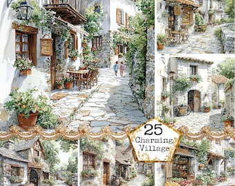 Watercolor Old Village Houses Clipart Bundle JPEG Village House Commercial Use Instant Download Paper Crafts Junk Journal Scrapbooking