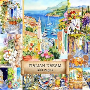 300 Watercolor Italian Scenes - Junk Journal Pages, Digital Scrapbook Paper, Travel, Italian Landscape, Vintage Ephemera