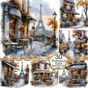 Vintage Shabby Chic Café a Parigi Clipart JPEG Sfondo vintage Café vicolo stretto Download immediato Mestieri di carta Junk Journal Scrapbooking