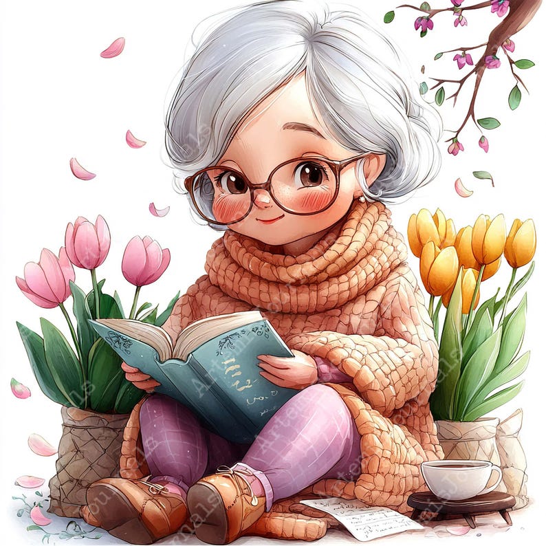 JPEG Watercolor Spring Granny Clipart Bundle Funny Floral Granny Spring ...