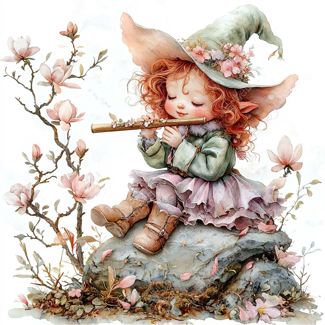 Early Spring Elf JPEG Watercolor Cute Little Elf in a Spring Blooming Forest Clipart ...