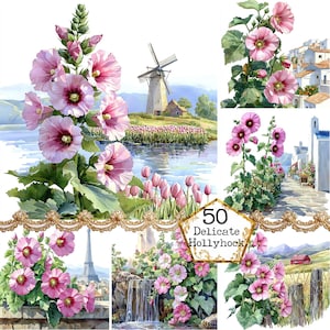 JPEG Watercolor Hollyhock Clipart Bundle Spring Flower Spring Landscape Graphics Instant Download Paper Crafts Junk Journal Scrapbooking