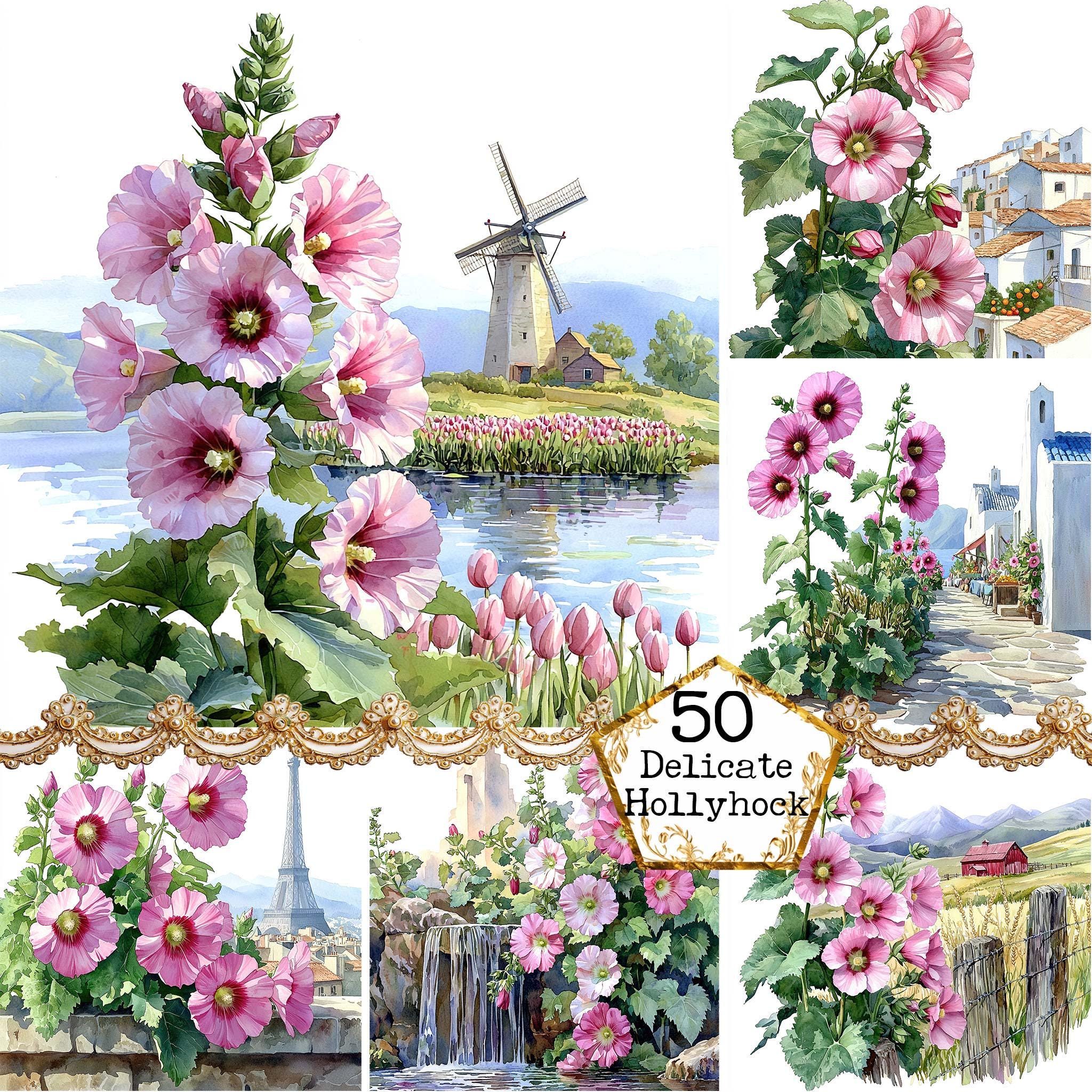 Watercolor Hollyhocks - Etsy