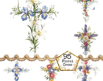 PNG + JPEG Akvarell Blommor Kors Clipart Bundle Kristen Kors Clipart Påskkonst Direktnedladdning Papperspyssel Skräpjournal Scrapbooking