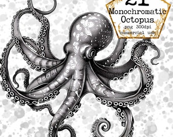 Monochromatic Octopus Clipart Bundle Lithography Vintage Illustration Antique PNG Instant Download Paper Crafts Junk Journal Scrapbooking