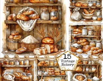 JPEG Watercolor Vintage Bakery Clipart  Bundle JPEG Instant Download Retro Clipart Baking Clipart Paper Crafts Junk Journal Scrapbooking