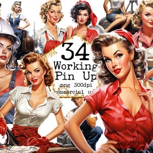 Fabric Pin Up Clipart Bundle Working Girl Clipart Retro Working Girl PNG Pin Up Ephemera Clipart Junk Journal Scrapbooking Commercial Use