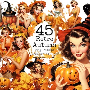 レトロなハロウィーン クリップアート PNG、ビンテージ エフェメラ、レトロなピンナップ、レトロな画像、1950 年代のクリップアート、ジャンク ジャーナル、ペーパー クラフト スクラップブッキング カード作成