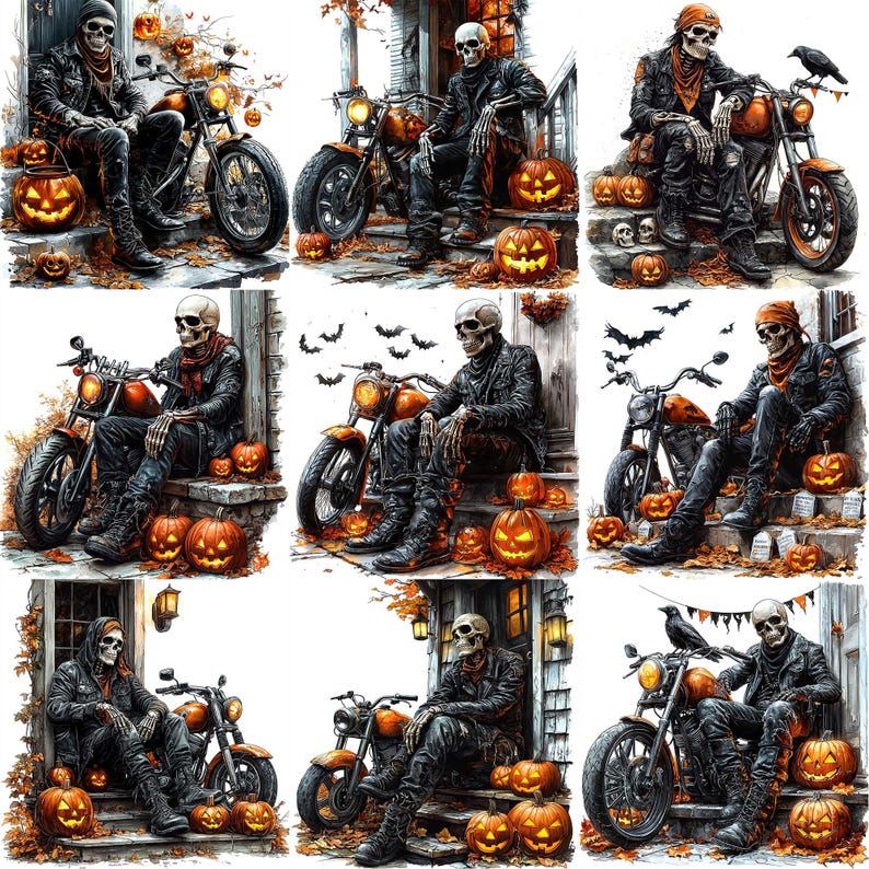 JPG Skeleton on a Porch With a Motorcycle Clipart Bundle Biker Clipart ...