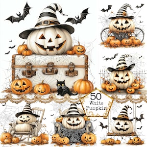 JPEG Elegancka akwarela Biała dynia Clipart Halloween Dynia z Nietoperzem Reklama Natychmiastowe pobieranie Papierowe rzemiosło Junk Journal Scrapbooking