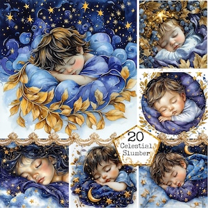 JPEG Watercolor Sweet Sleeping Babies Clipart Bundle Celestial Babies Moon Child Instant Download Paper Crafts Junk Journal Scrapbooking