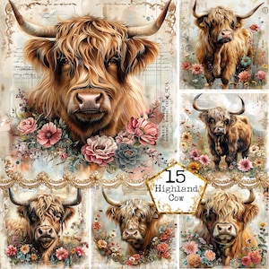 JPEG Highlander Flower Cow Junk Journal Papers Cottagecore Grafica Cow Illustration Download immediato Artigianato di carta Junk Journal Scrapbooking
