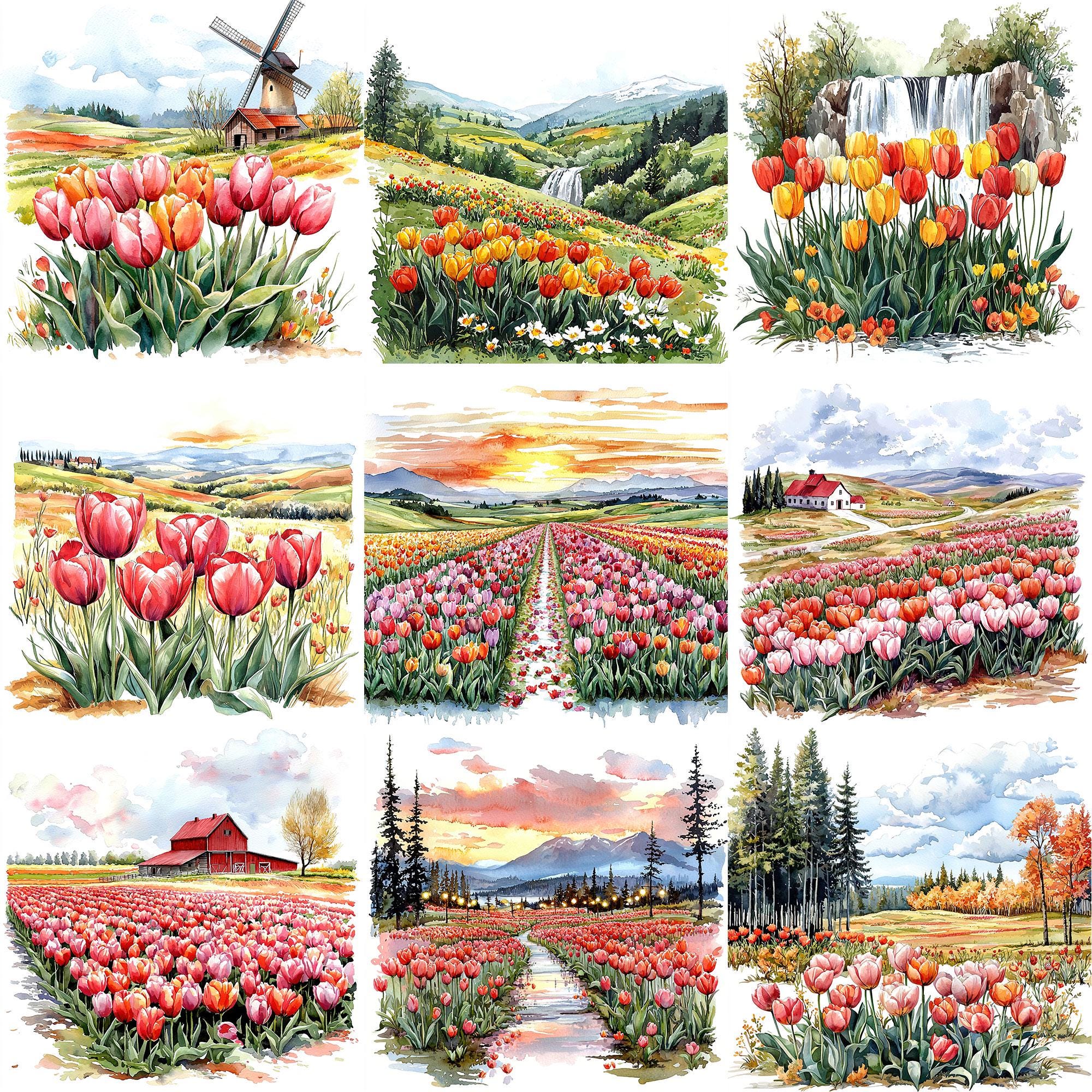 JPEG Watercolor Tulip Scene Clipart Bundle Spring Flowers Clipart ...
