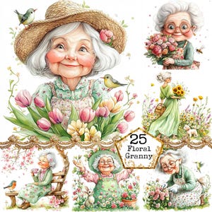 Paquete de imágenes prediseñadas de abuela primaveral con acuarela JPEG, divertidas flores de abuela primaverales, arte, descarga instantánea, manualidades de papel, diario basura, álbumes de recortes