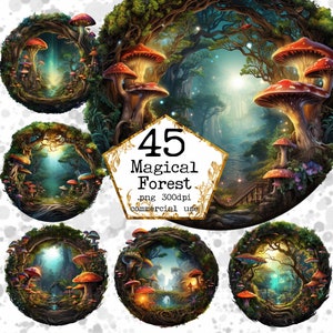 Bundle de cliparts forêt magique PNG PNG forêt enchantée champignons magiques Téléchargement instantané PNG Papier artisanat indésirable Journal Scrapbooking
