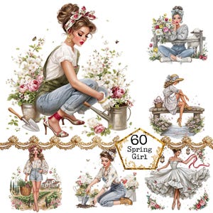 May include: A digital illustration with six images of women in spring settings. The central image shows a woman gardening with flowers. Other images depict women with flowers, a lamb, and a vineyard. The text "60 Spring Girl" is in a gold frame.