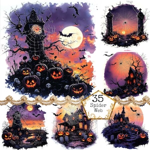 JPEG Spooky Sunset Spider Halloween House Clipart Bundle Halloween Clipart Commercial Instant Download Paper Craft Junk Journal Scrapbooking