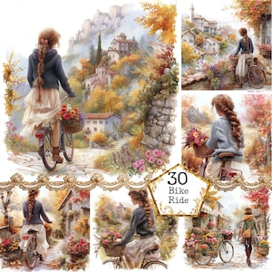 Meisje met fiets met mand vol bloemen Clipartbundel commerciële JPEG Parijs Instant Download Paper Crafts Junk Journal Scrapbooking