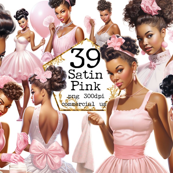 Pink Afro Girls, Clipart Set Fashion Girl PNG Digital Card Making Scrapbook Junk Journal Paper Crafts, Commercial Use