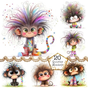 Puede incluir: Una colección de ilustraciones caprichosas con monos de dibujos animados con ojos expresivos y cabello colorido y puntiagudo. Los monos se representan en varias poses, vistiendo ropa y accesorios vibrantes, con una cola a rayas de arcoíris. También está presente el texto "20 Quirky Monkey".