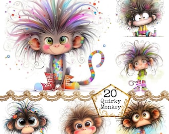 JPEG Watercolor Quirky Monkey Clipart Bundle Whimsical Monkey Funny Animal Clipart Instant Download Paper Crafts Junk Journal Scrapbooking