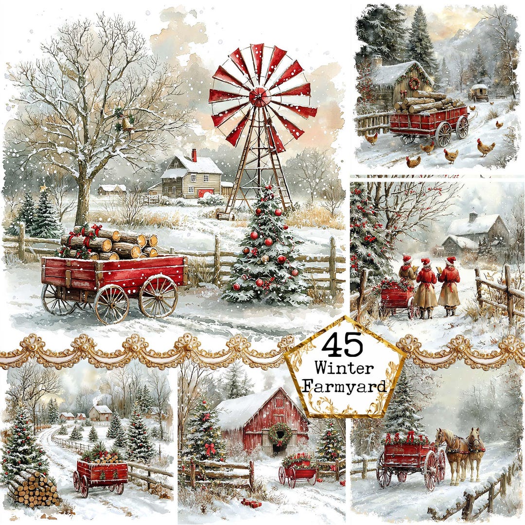 JPEG Watercolor Winter Countryside View Christmas Cart Barn Village Commercial Use Instant Download Paper Crafts Junk Journal Scrapbooking - Etsy Japan
