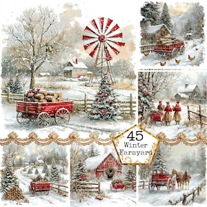 JPEG Acquerello Inverno Campagna Vista Natale Carretto Fienile Villaggio Uso commerciale Download immediato Artigianato di carta Diario spazzatura Scrapbooking
