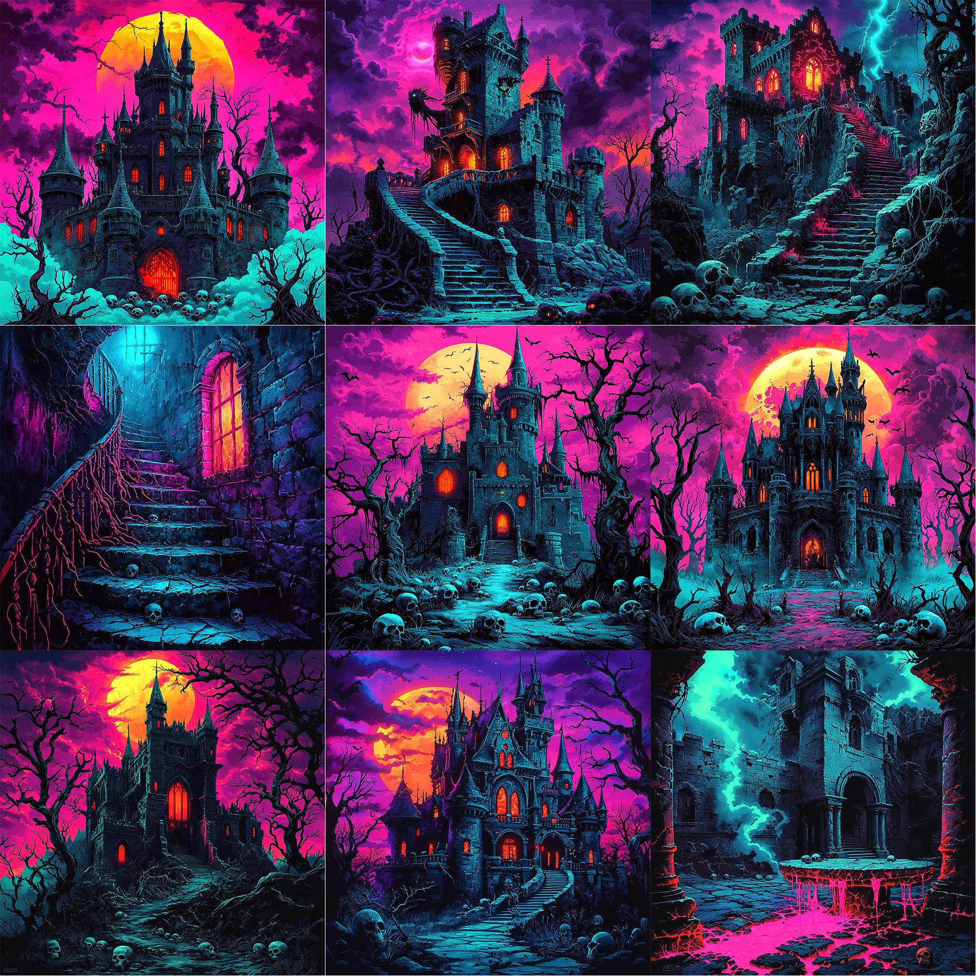 JPEG Electric Vibrant Haunted Castle Illustration Halloween Art