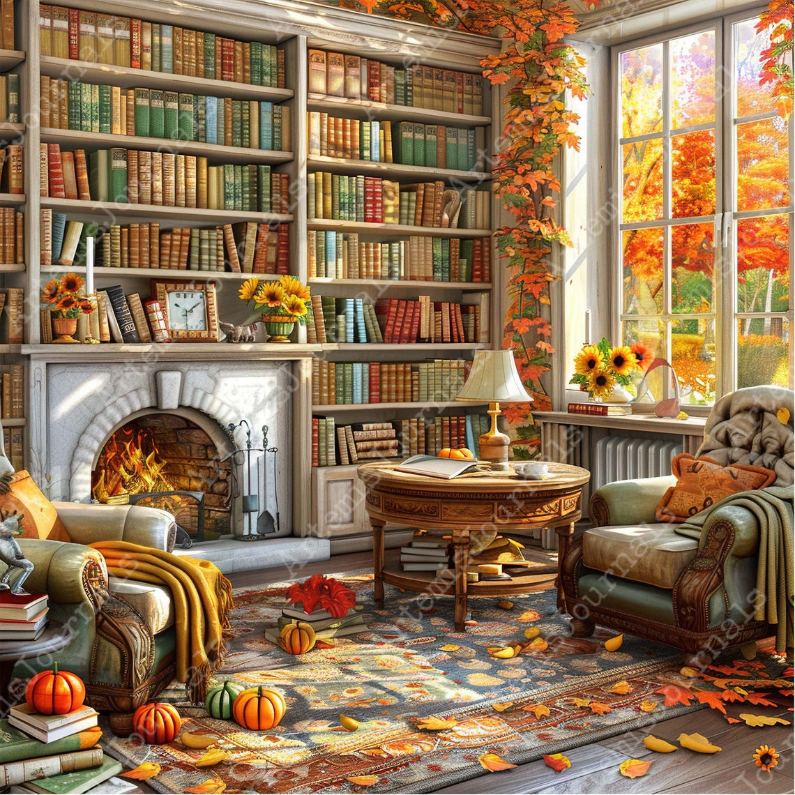 Library Fall Paper Decor Watercolor Autumn Cozy Library JPEG Halloween Autumn Pumpkin Harvest ...