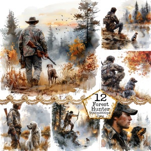 JPEG aquarel jager met zijn hond JPEG bergjacht clipart natuur clipart Instant Download papier ambachten ongewenste dagboek scrapbooking