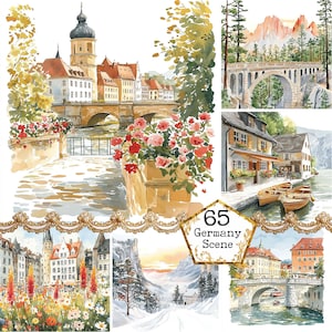 Pacote de clipart de aquarela JPEG Alemanha Clipart de cidade alemã Clipart de paisagem alemã Download instantâneo Artesanato em papel Diário de sucata Scrapbooking