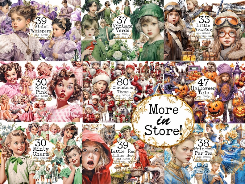 Op de afbeelding: Een collage van digitale illustraties met verschillende thema's, waaronder vintage, Halloween, Kerstmis en sprookjes. Elke illustratie toont een jong meisje met een unieke stijl en setting. De tekst "Meer in de winkel!" wordt in het midden van de collage weergegeven.