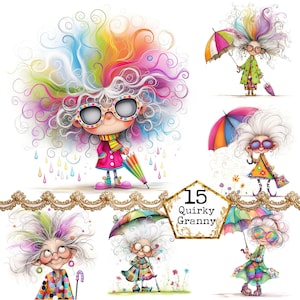 Pacchetto di clipart JPEG con nonna stravagante con ombrello, nonna eccentrica, persone stravaganti, download istantaneo, artigianato di carta, diario di spazzatura, scrapbooking