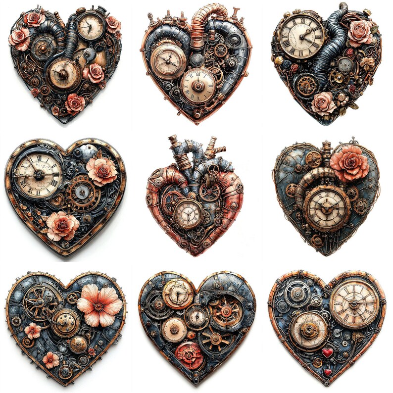 JPEG Watercolor Steampunk Heart Clipart Bundle Victorian Clipart ...