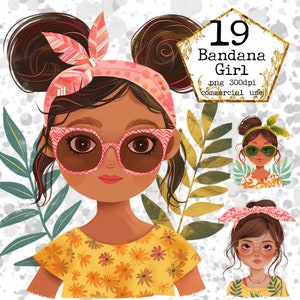 Pacchetto Clipart Girl With Bandana Bellissimo cartone animato Clipart Illustrazione commerciale Download immediato Artigianato di carta Junk Journal Scrapbooking