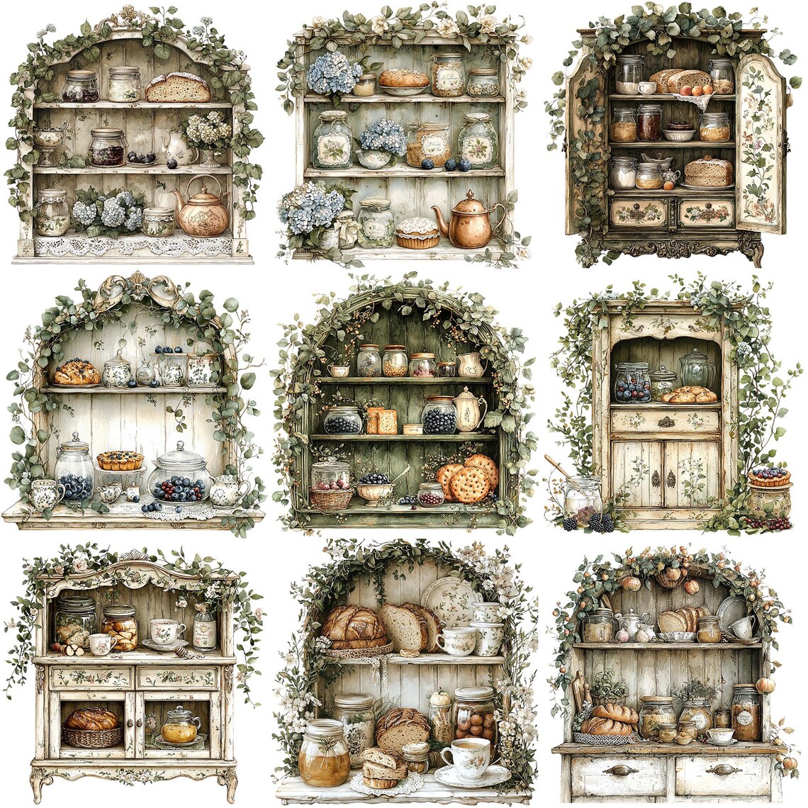 PNG + JPEG Watercolor Vintage Kitchen Cabinet Clipart Bundle Rustic ...