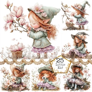 JPEG Acquerello Carino Piccolo Elfo in una Foresta Primaverile in Fiore Clipart Bundle Commerciale Download Istantaneo Carta Artigianato Junk Journal Scrapbooking