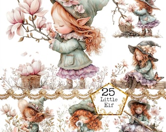 May include: A digital collage of illustrations featuring five whimsical fairies with pointed ears and hats. Each fairy is surrounded by pink magnolia flowers and greenery. The text "25 Little Elf" is in a gold pentagon shape.