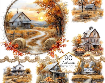 Pode incluir: Uma colagem de cinco aquarelas que retratam cenas de outono com casas de fazenda, fardos de feno, abóboras e uma estrada de terra sinuosa. O texto "90 Autumn Farmhouse" está no centro da imagem.