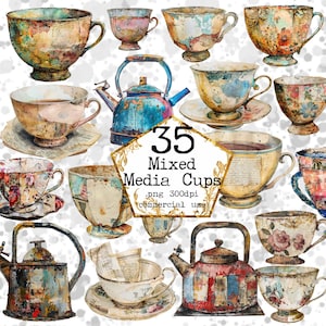 PNG acquerello Vintage Mixed Media tazze da tè e bollitori Clipart Bundle uso commerciale Download immediato artigianato di carta spazzatura ufficiale Scrapbooking