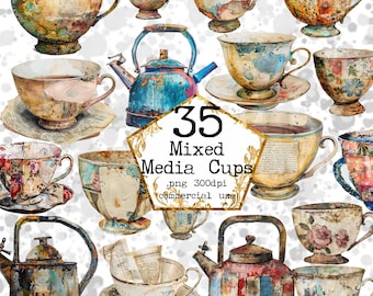 PNG Aquarell Vintage Mixed Media Teetassen und Wasserkocher Clipart Bundle Kommerzielle Nutzung Sofort-Download Papier Handwerk Junk Journal Scrapbooking