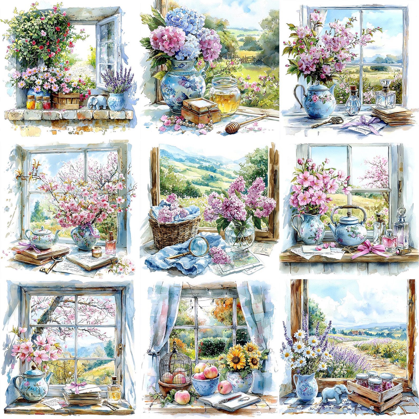 JPEG Watercolor Spring Floral Windows Clipart Bundle Floral Windows ...