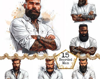 Paquete de imágenes prediseñadas de hombre con barba, tatuajes y camiseta blanca en formato JPEG, descarga instantánea, manualidades con papel, diario basura, álbumes de recortes